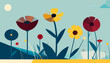 © yeza - Stylized flowers in a field with a light blue sky and yellow sun. Minimalist, vector-style. Flat colors, soft edges
