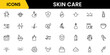 © oneflock - Skin care line icons set. Moisture cream, acid, anti wrinkle serum, creamed, collagen. Pixel perfect, minimalistic web and UI icon.