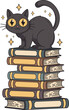 © AnnaPa - Cute cartoon black cat with sparkling yellow eyes perches atop a tall stack of colorful books, surrounded by twinkling stars. Perfect for education, reading, or magical themed designs.
