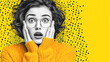 © Chinnasorn - Shocked woman glasses surprise face hands cheeks sweater yellow background halftone dots pop art style emotion