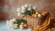 © Svetlana - Easter celebration decor featuring white tulips and a basket of colorful eggs. Ideal for spring, holiday themes, and seasonal promotions.