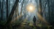 © Sol Revolver Group - Lone figure walking through misty forest with sun rays breaking through trees