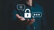 © Waqas - Person's outstretched hand presents a digital padlock icon with globe and password symbols for security and privacy