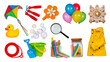 © Olena - A collection of bright children's accessories including a kite, jump rope, soap bubbles, magnifying glass, colorful chalks, balloons, and a yellow raincoat. High-quality isolated objects with soft sha