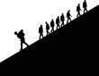 © logonv - A man carrying a child on his shoulders while walking up a hill, leading other people following him. Leadership and perseverance concept. Vector illustration