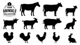 Black silhouette vector collection of farm animals and pets, including cow, pig, sheep, horse, and dog illustration set