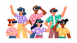 © Akhbarindo - A group of people wearing virtual reality headsets interact and explore a digital world. Simple cartoon flat illustration