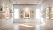 © mila103 - A gallery displays multiple pieces of artwork along the walls. Paintings of different styles and colors are framed and neatly arranged. Bright light enters through the windows.