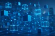 © diproduction - Digital blockchain structure with glowing blue cubes and network nodes in futuristic technology concept on dark city background at night. Ai generative