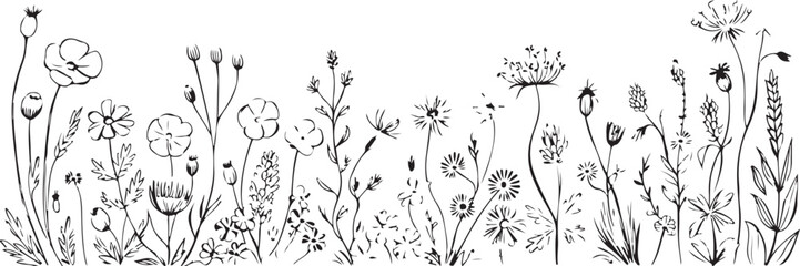 Naklejka na meble Wildflower meadow border vector silhouette with diverse natural plants and grass outline
