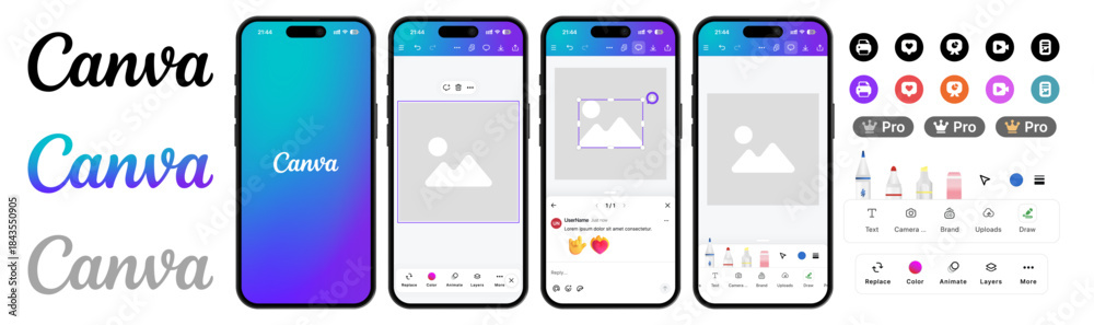 Canva graphic design tool UI mockup mobile app with splash screen, main ...
