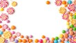© Patcharin - A vibrant border of colorful lollipops and small round candies, perfect for celebratory invitations, sweet treat marketing, or fun-themed presentations.
