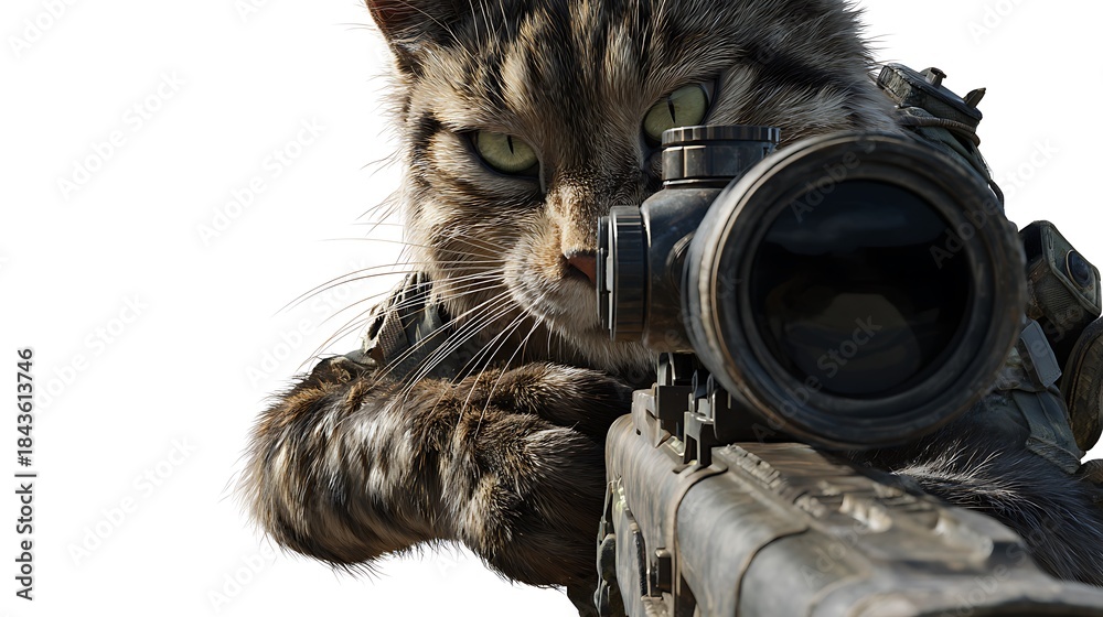 Sharp Cat Weapon Cat Sniper in Action: A fierce cat with intense gaze, eyes locked on ...
