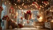 © Analogue - Floating festive holiday presents with red ribbons illuminating a cozy domestic living space. A magical sparkle symbolizes the season's continued cele