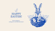 © pim - Cute Easter vintage hand drawn poster with cute bunny and egg nest. Greeting card and invitation design. Retro sketch vector illustration