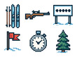 © Hanna - Pixel art winter sports icons: skis, rifle, scoreboard, flag, stopwatch, tree