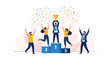 © Rohoman - A team of happy business people celebrating victory on a winner's podium with a trophy and falling confetti all around.