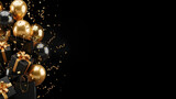 Elegant gold balloons and confetti on a dark background