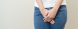 © Pormezz - woman having painful lower stomach and hands holding pressing her crotch lower abdomen