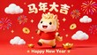 © bqmeng - Cartoon cute horse 2026 Lunar New Year blessing poster with Chinese message: Wishing you great prosperity in the Year of the Horse.