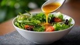 A white spoon pours golden dressing over a fresh green salad in a bowl