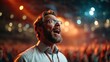 © Larisa AI - A man with glasses and a beard passionately singing at a lively concert, surrounded by a cheering crowd, illuminated by colorful lights creating an electric atmosphere.