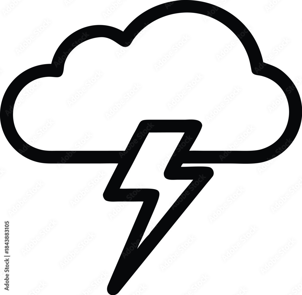 Weather icon of a lightning bolt and storm cloud in black outline Stock ...