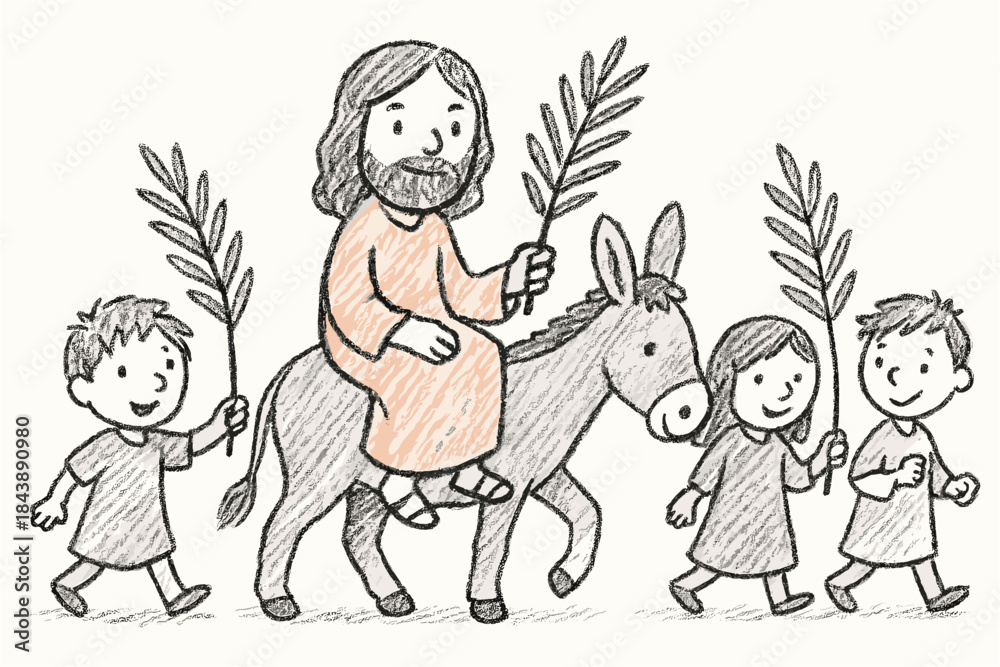 Palm sunday celebration: childlike sketch of jesus on a donkey with ...
