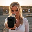 © Pavel Semin - Young woman aiming handgun at shooting range during sunset