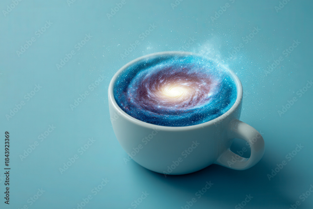 A surreal white cup filled with a swirling galaxy of stars and cosmic dust blending endless space with a simple everyday object on a blue background