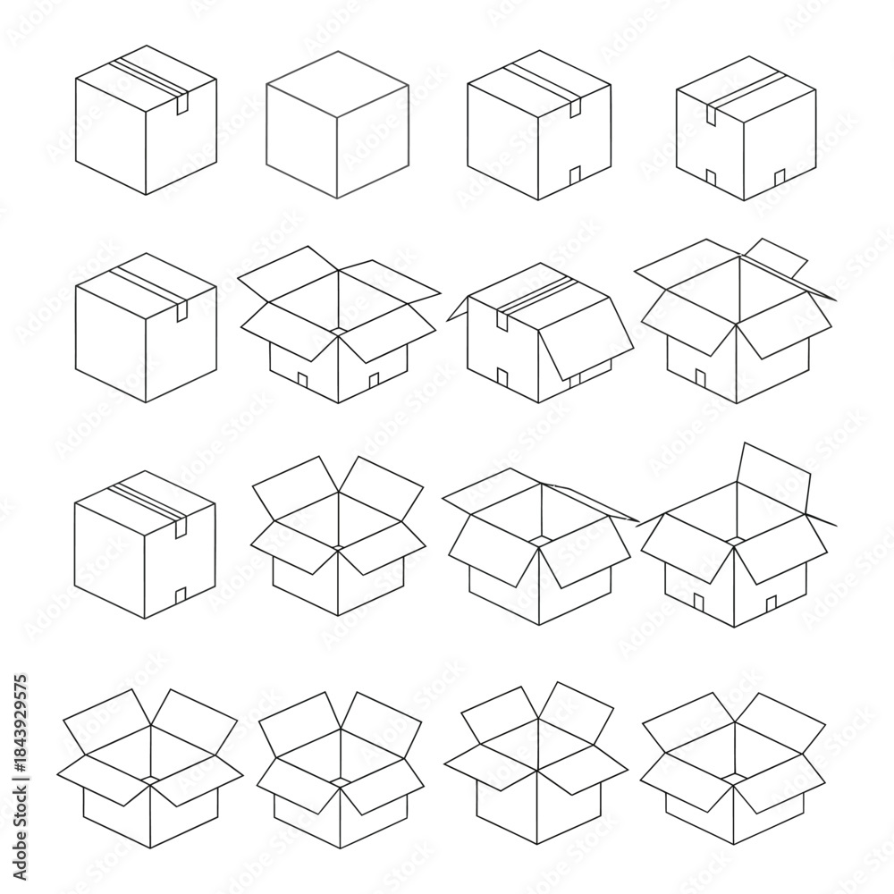 Collection of simple outline illustrations depicting various open and ...
