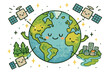 © Olha - Cheerful Earth Surveillance. Whimsical doodle global environmental monitoring with happy satellites, cartoon continents waving,