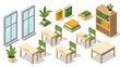 © markusmiller - Isometric classroom elements with desks, chairs, books, and plants for creative design projects