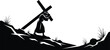 © OKAN - Minimalist silhouette vector of jesus christ carrying a wooden cross uphill looking down wearing a cloak walking in rough terrain high contrast backlit good friday scene