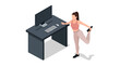 © Mark - Woman exercising at desk in modern office isometric style