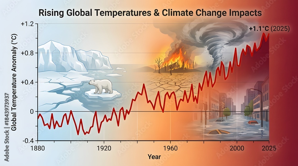 Temperature Rise Inforgraph Illustrative Graph Showing Decades of Global Temperature Rise and ...