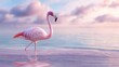 © Photo_hub - Pink flamingo walking along the tranquil shoreline at sunset