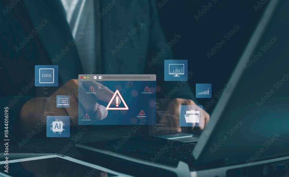 System warning alert, cyber risk detection, data error notification, AI ...