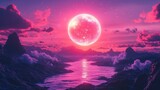 Pink moonrise over misty mountains, fantasy landscape, artwork