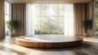 © Tatyana - Bright spacious room with large windows showing lush greenery outside, wooden round platform in the center, sheer and opaque curtains, and potted plants on wooden floor