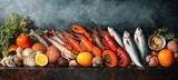 Variety of fresh seafood including lobsters, prawns, fish, clams, shellfish, and citrus fruits on a dark textured surface with green herbs in the background