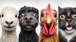 © JuliaDorian - Group of adorable animals including sheep, dog, chicken, and cat, showcasing their unique expressions and personalities in a playful arrangement