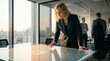 © VideoFlow - Confident businesswoman using futuristic touchscreen table in a modern office, corporate innovation and leadership concept, with city view background. Ai generative