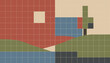 © Vladislav - Abstract geometric landscape composition with muted colors featuring a grid pattern and minimalist shapes representing hills, water, and a building in a retro, tiled style
