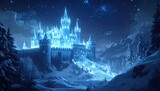 A luminous, icy castle glows against a starry night sky, nestled in snow-covered mountains