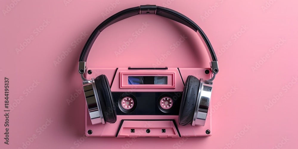 Retro Pink Audio Cassette Tape with Headphones Minimalist Flat Lay
