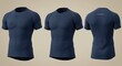 © Geyol - Three views of a navy athletic compression shirt, front, side and rear, studio lighting