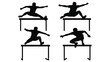 © Iqbal - Collection of four black silhouette athletes performing various dynamic hurdle jumps and parkour movements over obstacles