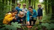 © FarhanaAyu - Teacher guides children learning about mushrooms in forest