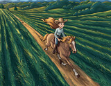 A cartoon illustration of a young woman riding a horse on a dirt path through vast green fields under a blue sky.